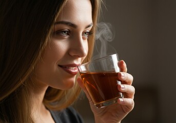 close up of a beautiful woman's face drinking a glass of warm tea