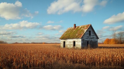 Abandoned Farmhouse in Autumn Cornfield