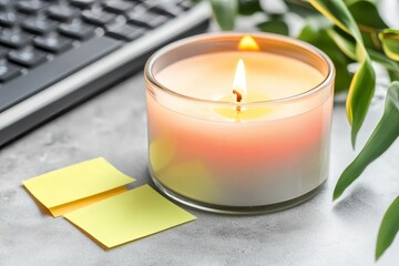 Aromatic Candle on Desk with Keyboard and Sticky Notes in Office