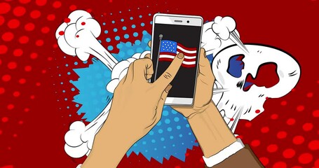 Cartoon Smartphone, comic book Telephone with American Flag. Retro animation, comics pop art video.