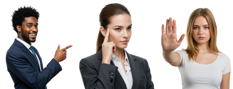 Diverse young adults expressing varied emotions and gestures. Smiling Black businessman points, professional woman thinks, another woman signals stop.