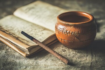 Ancient Writing Tools with Clay Pot and Open Book on Wooden Table