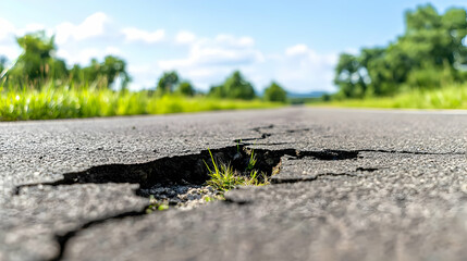 Closeup Of Cracked Asphalt Road With Greenery Growing Through