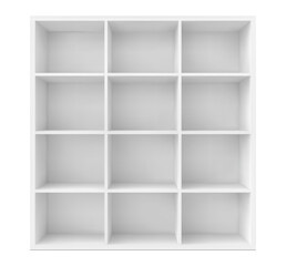 Empty square white bookshelf or book shelf box on wall, realistic vector mockup. Empty bookshelf boxes of office cabinet furniture or library bookcase and kitchen storage compartment shelves © Vector Tradition