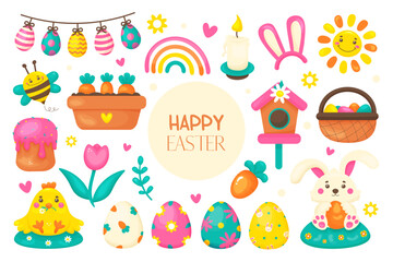 Easter big vector set in hand drawn style.  Easter and spring elements. In bright colors.