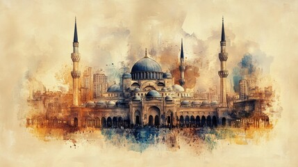 Watercolor Painting of a Mosque in a City