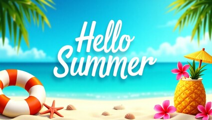 A summer beach scene with hello summer text, palm trees, and summer themed decorations on the sand