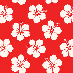 Seamless Tropical Hibiscus Pattern with Bold White Flower Silhouettes on Vibrant Red Background for Hawaiian-Style Summer Designs