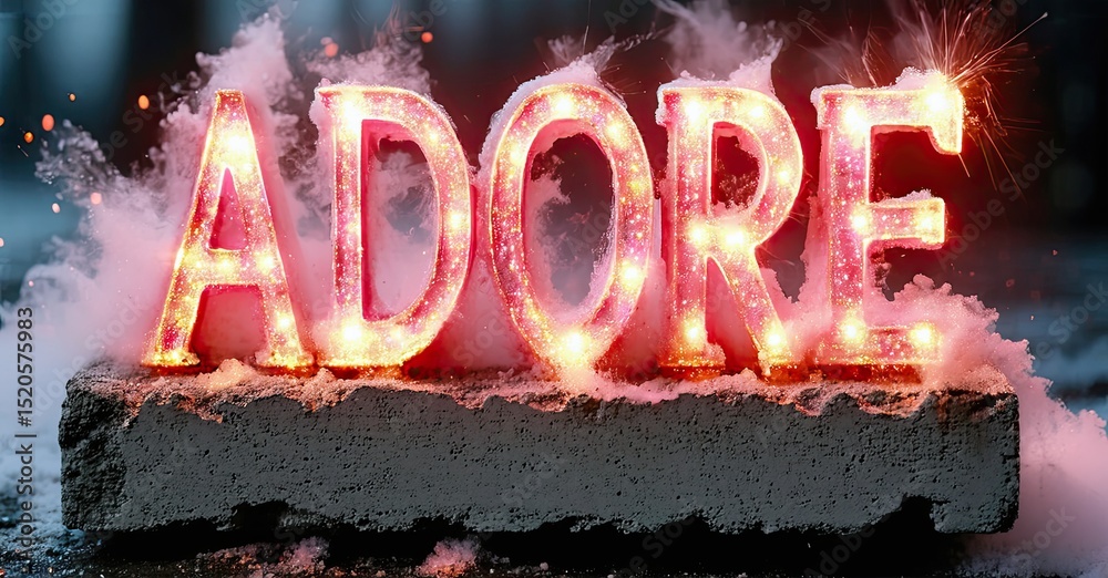 Poster bright word adore emerges from concrete block. sparks, smoke create dramatic visual effect. intense 
