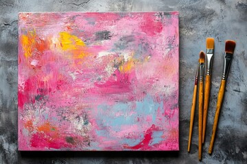 Abstract Colorful Painting with Brushes on Rustic Surface