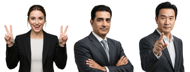 Diverse group of business professionals: young Caucasian woman making peace signs, middle-aged Middle Eastern man with crossed arms, and East Asian man pointing, on transparent background.
