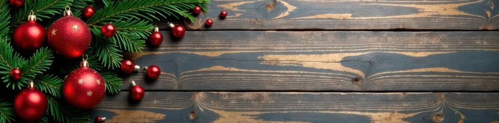 Fototapeta premium Rustic Christmas ornaments on weathered wood, blank space , backdrop, red