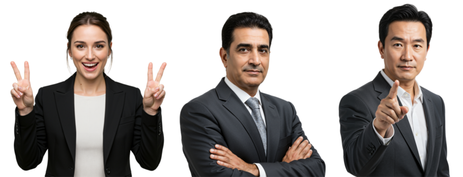 Diverse group of business professionals: young Caucasian woman making peace signs, middle-aged Middle Eastern man with crossed arms, and East Asian man pointing, on transparent background.