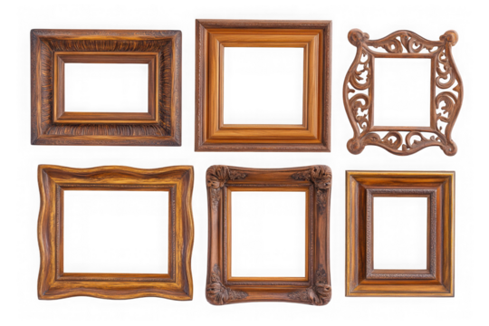 Collection of antique wooden picture frames, vintage photo frames, ornate and decorative frames for art and photography isolated on transparent background