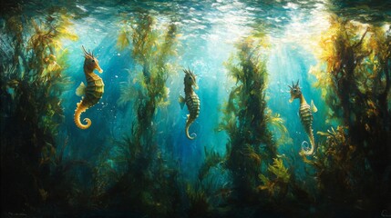 Three Seahorses in a Sunlit Kelp Forest