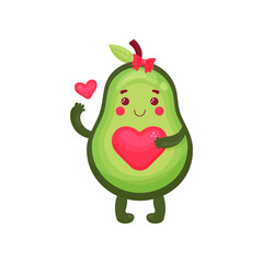 Cute avocado with a heart shaped pit. Isolated character on white background. In hand drawn style.