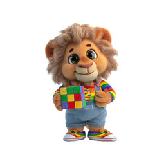 Adorable 3D Render of a Lion Cub Holding a Rainbow-Colored Puzzle Cube