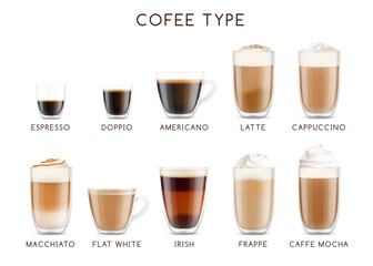 Realistic coffee glasses and cups. 3d vector isolated set of espresso, doppio, americano, latte, cappuccino, macchiato, flat white, Irish coffee, frappe and mocha drinks include various foam levels