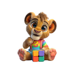 Adorable Animated Lion Cub Playing with Colorful Blocks