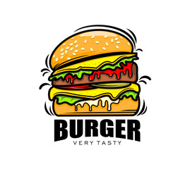 Fast food cheeseburger burger icon for restaurant menu or grill bar, vector sign. Burger with double cheese and yummy ketchup drip for cheeseburger fast food or BBQ sandwich and gastro bar emblem