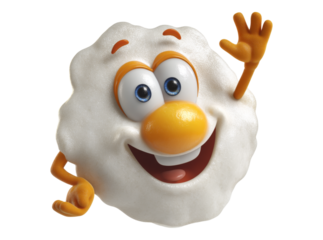 Happy fried egg cartoon character waving hello, On Transparent Background, Png