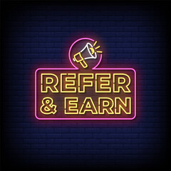 refer and earn neon sign with brick wall background vector