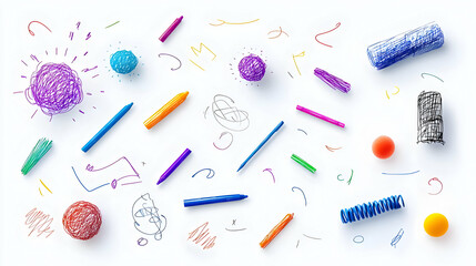 Colorful Geometric Crayons And Balls On White Background