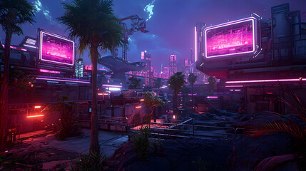 Neon Pixelated Cyberpunk Cityscape At Night