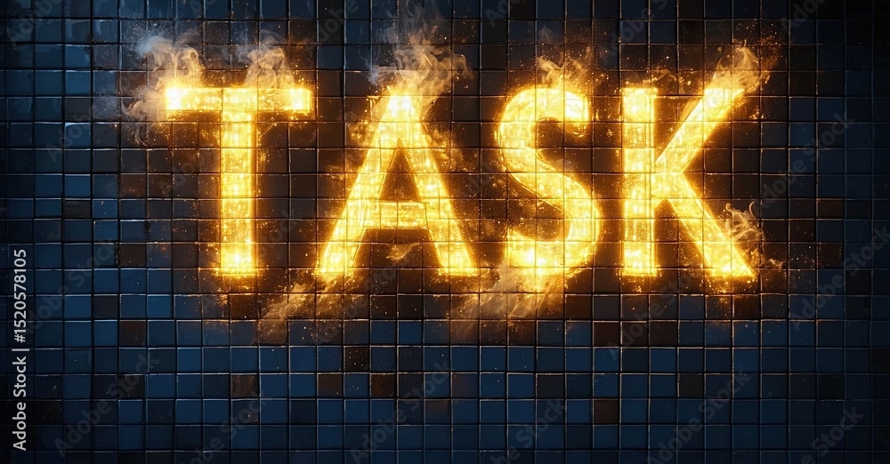 Poster fiery text spelling task glows against dark tiled background. dramatic lighting creates intense visu