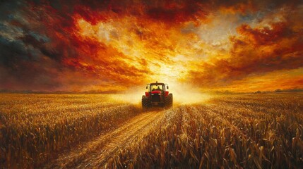 Red Tractor in Golden Wheat Field at Sunset
