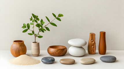 Neutral Tone Decorative Display with Wooden and Ceramic Vessels