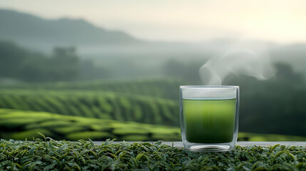 Scenic Green Tea In Glass Cup With Misty Mountains Background