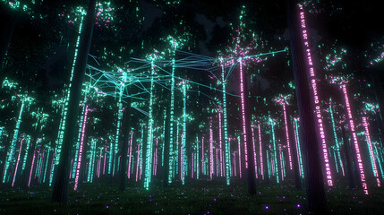 Glowing Neon Forest At Night