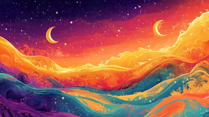 Vibrant Sunset Landscape with Two Moons and Stars