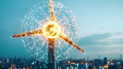 Digital Wind Turbine Over Night Cityscape