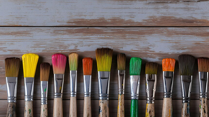 Row Of Colorful Paintbrushes On Light Wood Background
