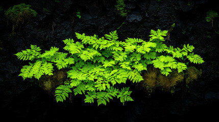 Bright Green Fern Against Dark Background