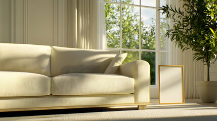 Stylish Cream Sofa In Sunlit Living Room With Window View