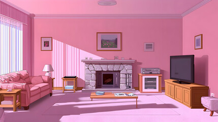 Pink Pixelated Living Room Scene