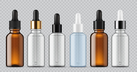 Realistic cosmetic glass bottle mockup with dropper standing in a row. 3d vector set of transparent and amber glass pipette vials for skincare, serum, medicine solutions and oil packaging presentation