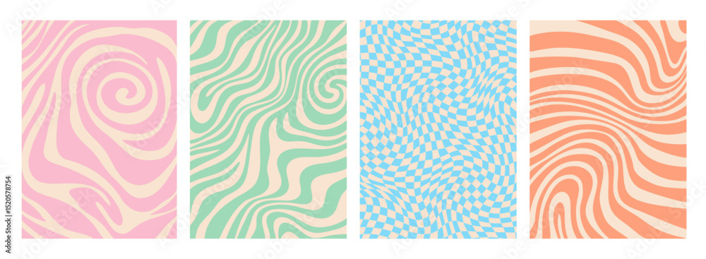 Fototapete psychedelic groovy hippie patterns with wavy lines and optical illusion shapes. abstract vector back