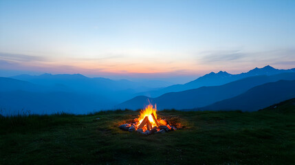 Campfire At Sunset Over Misty Mountains