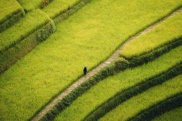 High-Angle Full Shot of Terraced Rice Paddies with Person Walking