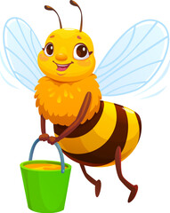 Cartoon honey bee character flying with cheerful face and holding green bucket filled with honey. Vector funny yellow insect exudes spring, hardworking mood and pollination energy in apiary or garden © Vector Tradition