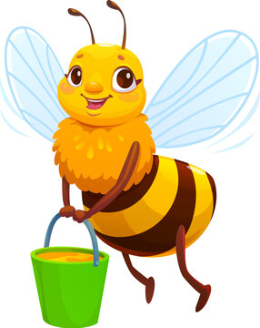 Naklejki Cartoon honey bee character flying with cheerful face and holding green bucket filled with honey. Vector funny yellow insect exudes spring, hardworking mood and pollination energy in apiary or garden
