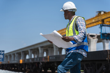 Construction Engineer Reviewing Blueprints at Site, Professional Worker with Plans at Infrastructure Project, Architect or Builder Overseeing Railway Construction