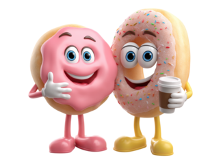 Happy donut friends enjoying coffee break together, On Transparent Background, Png