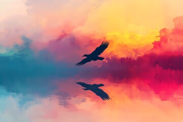 Colorful sunrise landscape with soaring bird and reflective water