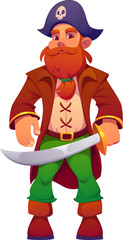 Cartoon pirate and corsair captain character in tricorn hat with skull. Isolated vector swashbuckling rover personage with beard and mustaches, stands with saber in hand ready for high seas adventures