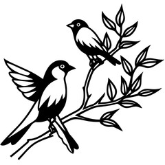 Flying Birds on Branch Vector Design for Wall Decals Nature Inspired Illustration with Bird Silhouettes and Branch Elements for Decoration